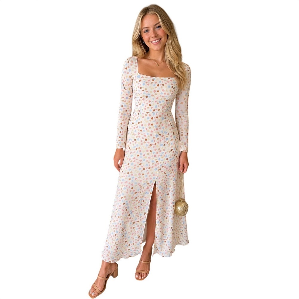 RIXO London Hattie Linen Blend Disty Tulip Square Neck Maxi Dress Size L US 10